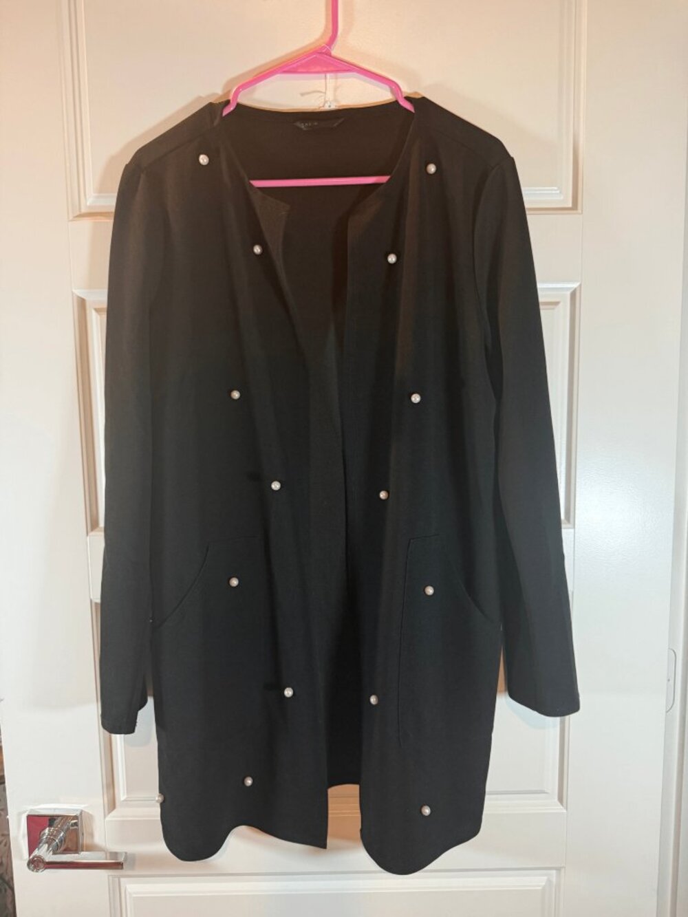 Black Longline Coat with Pearl Buttons